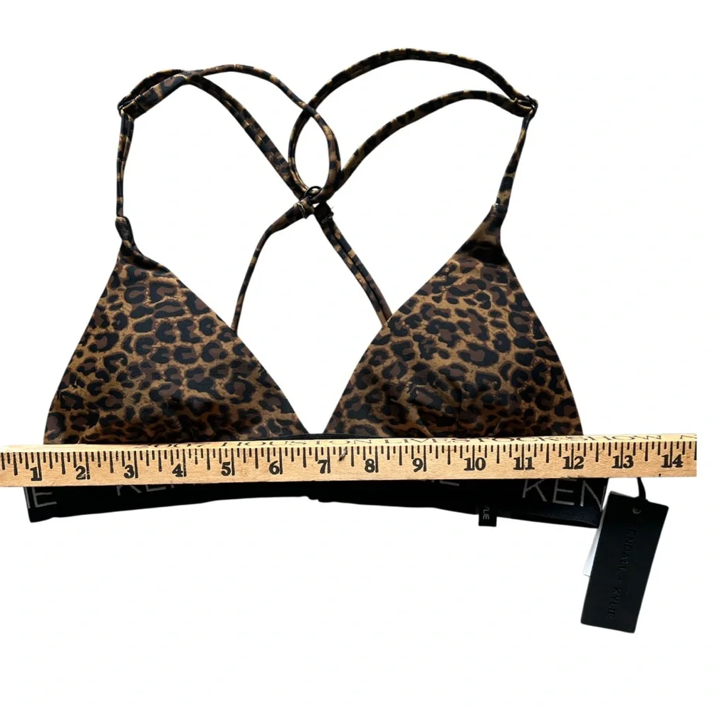 Kendall + Kylie Leopard Triangle Bikini Top Cross Back Strappy Logo Band Size M‎